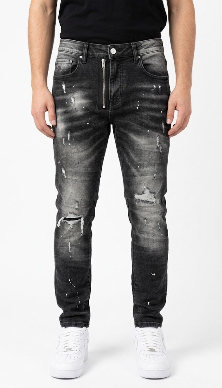 Jeans Slim Fit Effetto Vissuto con Strappi e Schizzi di Vernice