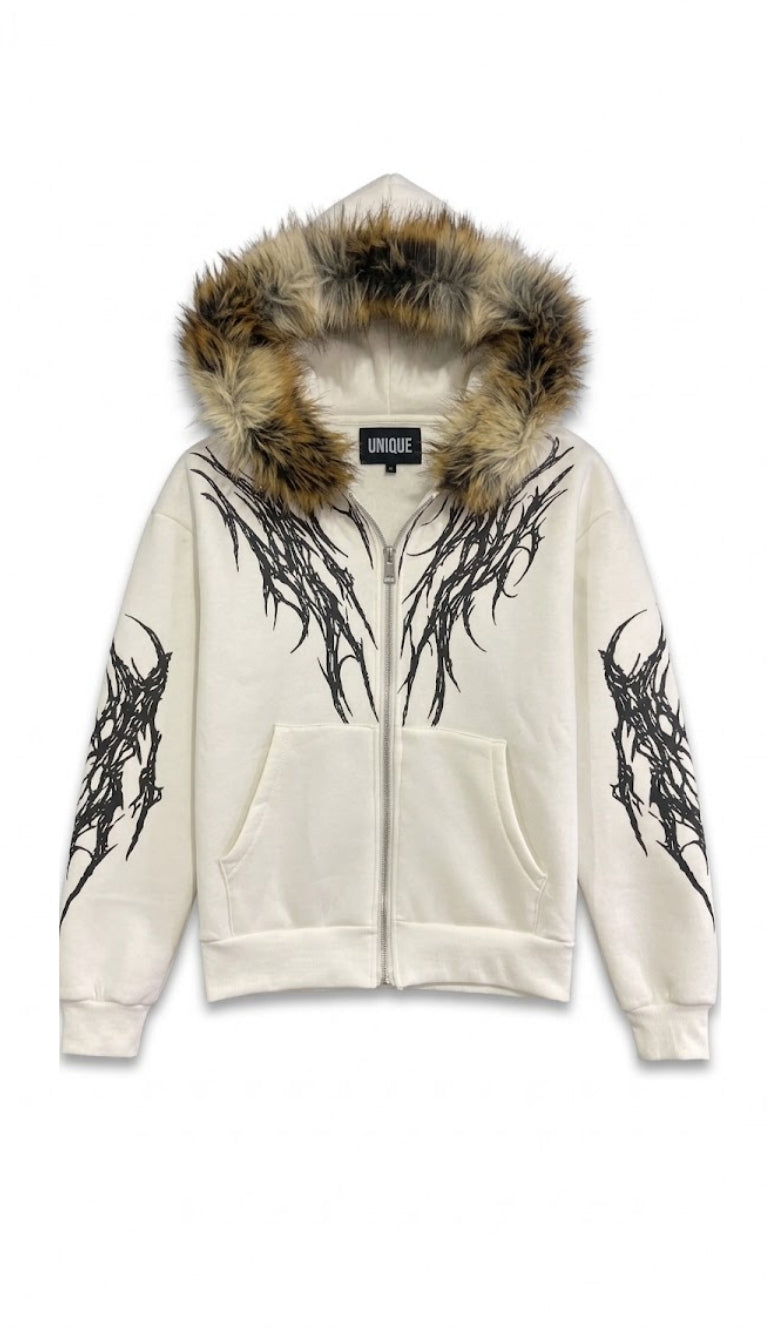 Felpa Zip con Grafiche Tribali e Cappuccio in Pelliccia