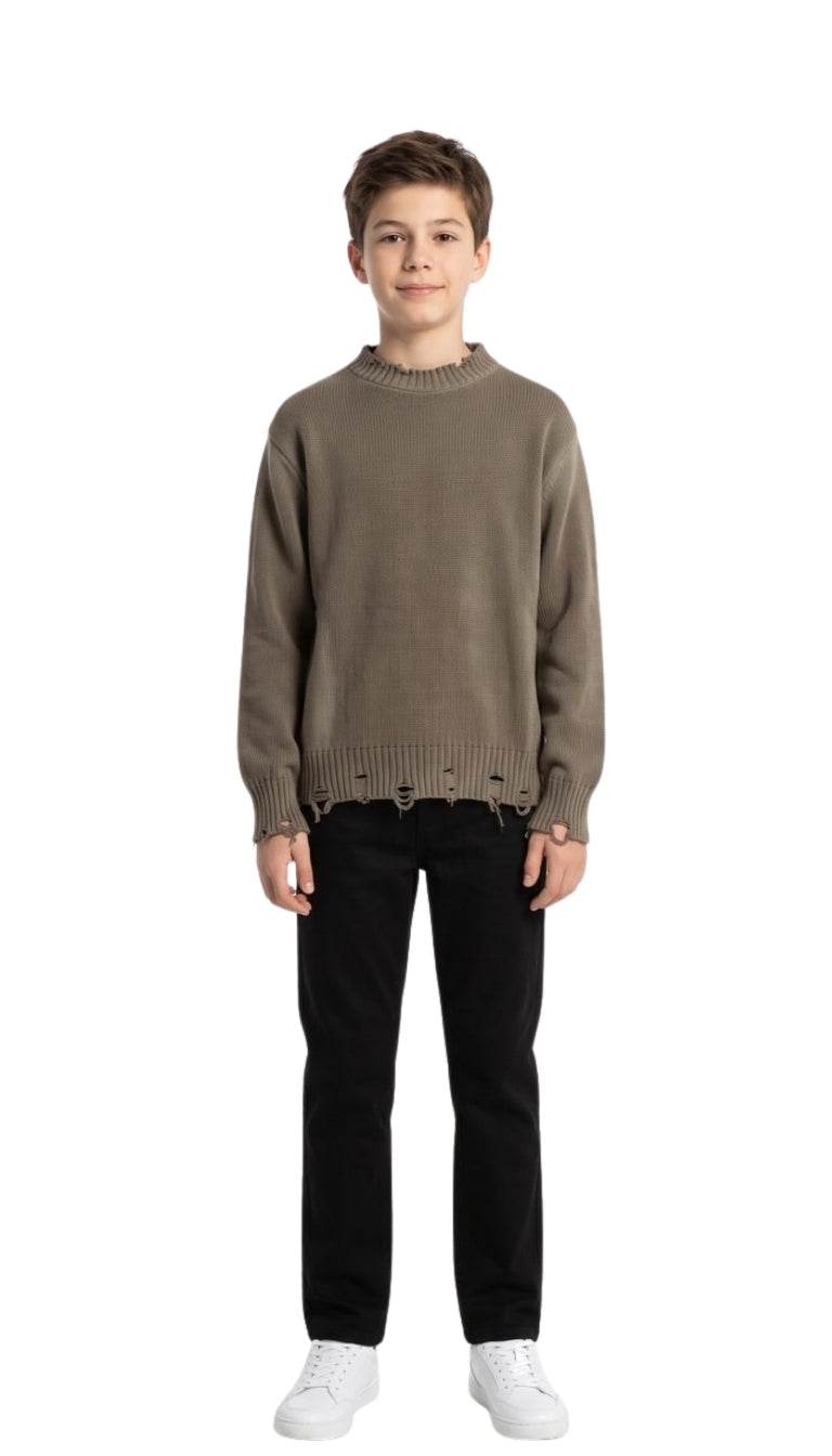 Maglione Girocollo Regular con Finiture Distressed