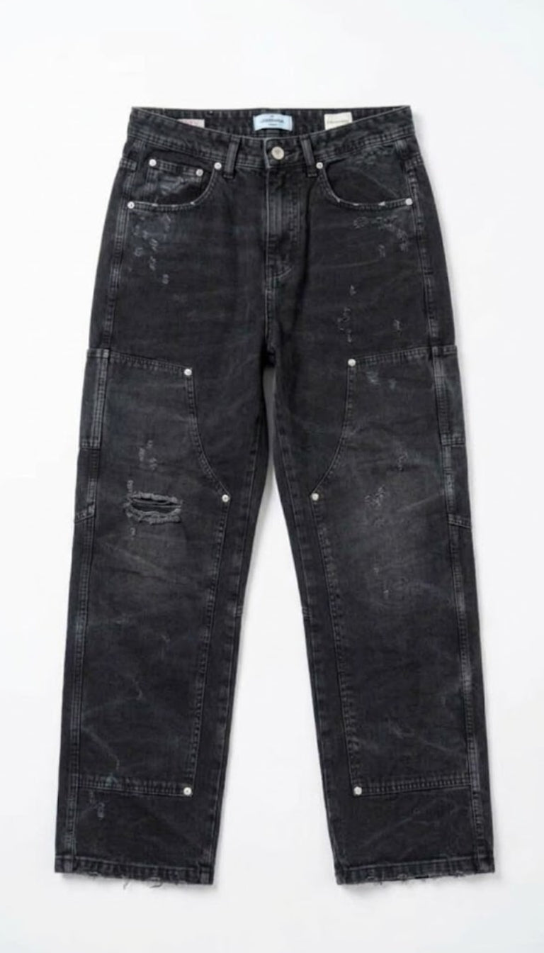 Jeans Stile Carpenter con Pannelli a Doppio Ginocchio e Dettagli Distressed