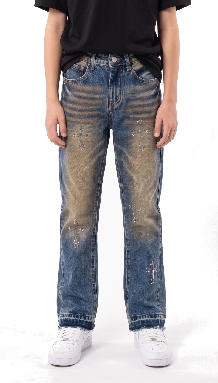 Jeans Regular con Lavaggio Vintage e Croci in Strass