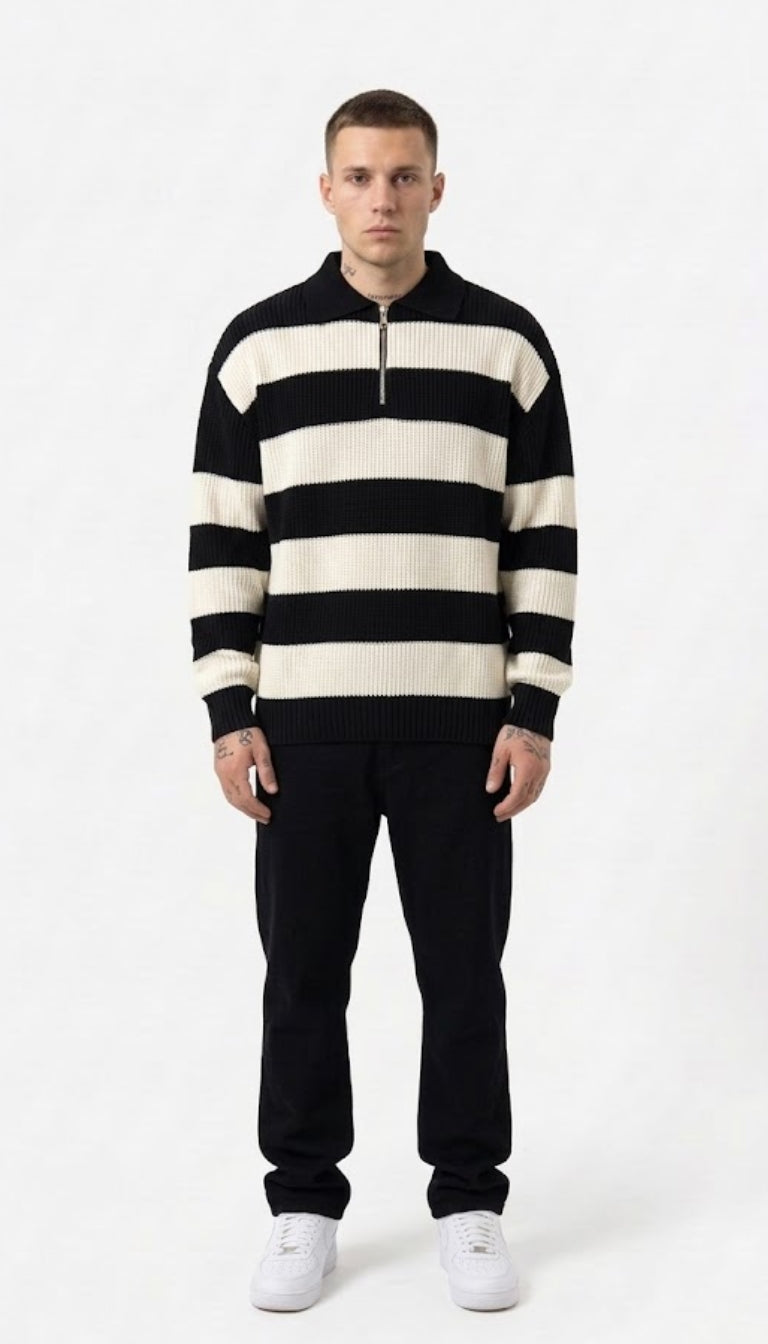 Maglione in maglia a righe orizzontali con colletto e mezza zip
