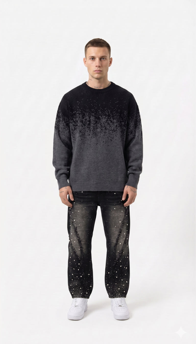 Jeans Baloon Fit con Strass, Perle e Inserti Sfrangiati