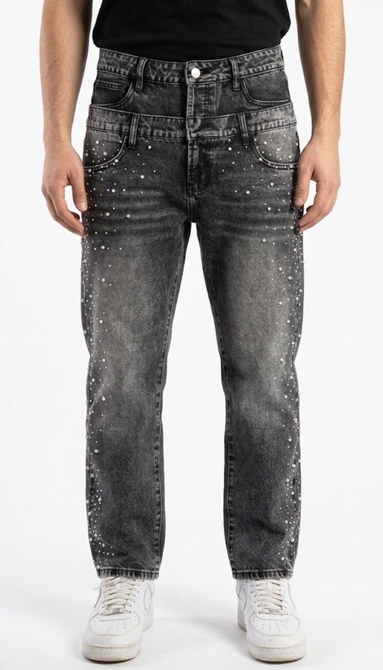 Jeans dritti a vita doppia con perle applicate