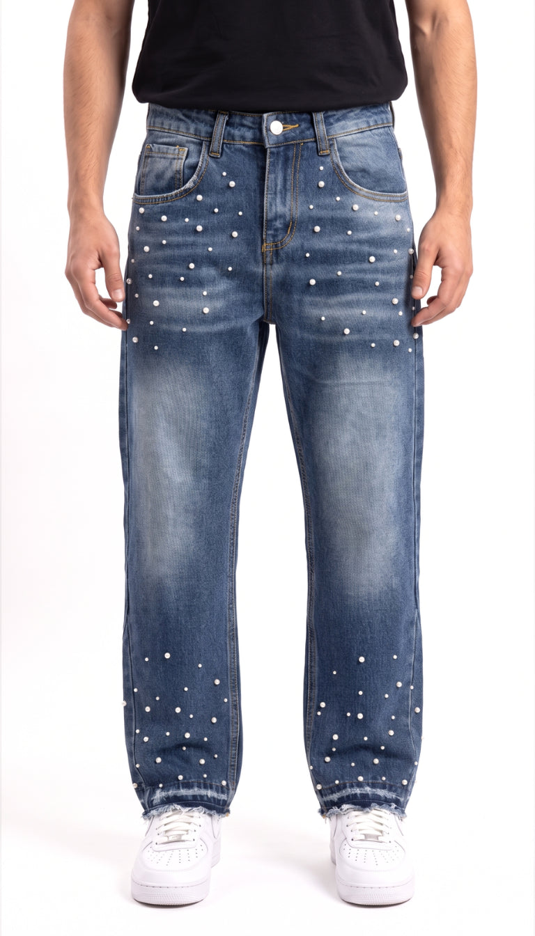 Jeans Bambino Blu con Perle e Fondo Sfrangiato
