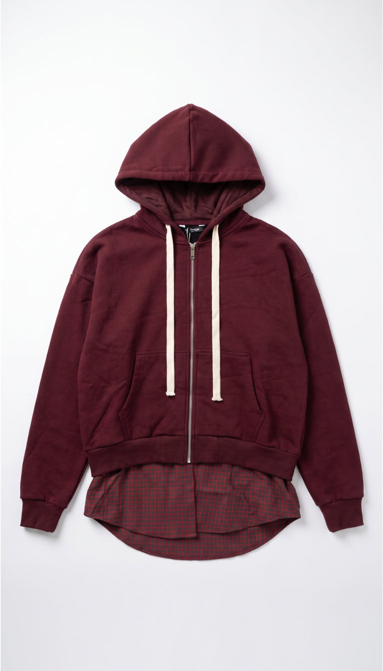 Felpa con Cappuccio Full-Zip e Fondo Camicia a Quadri