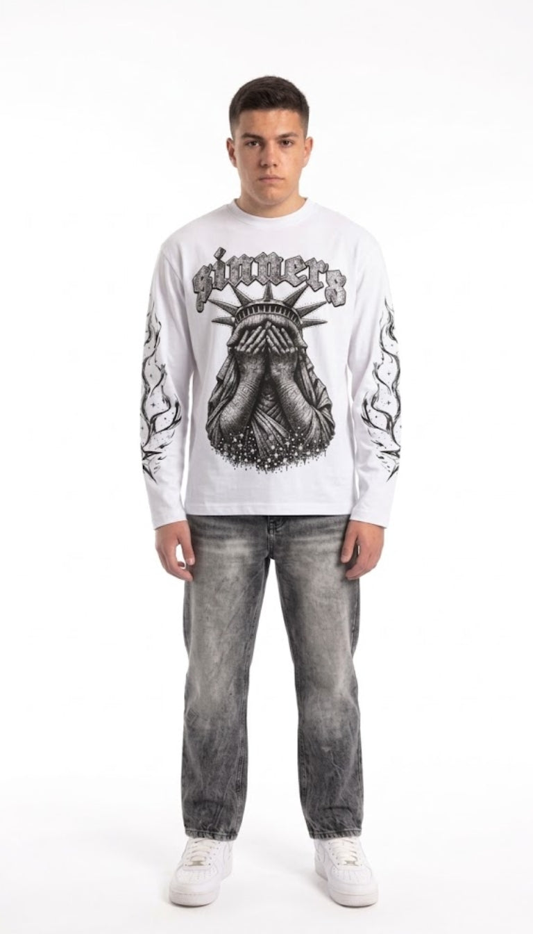 Longsleeve "Sinners" con Statua della Libertà