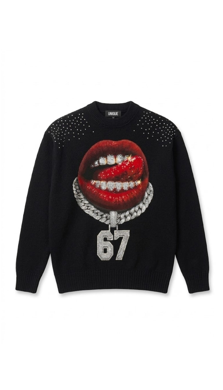 Maglione Girocollo con Grafica "Grillz e Catena 67" e Strass