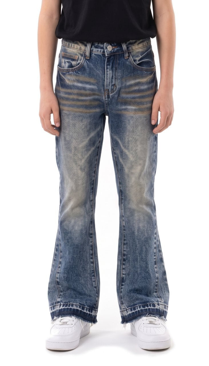 Jeans Flare Lavati con Baffature a Contrasto