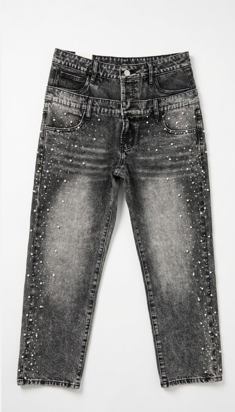 Jeans dritti a vita doppia con perle applicate