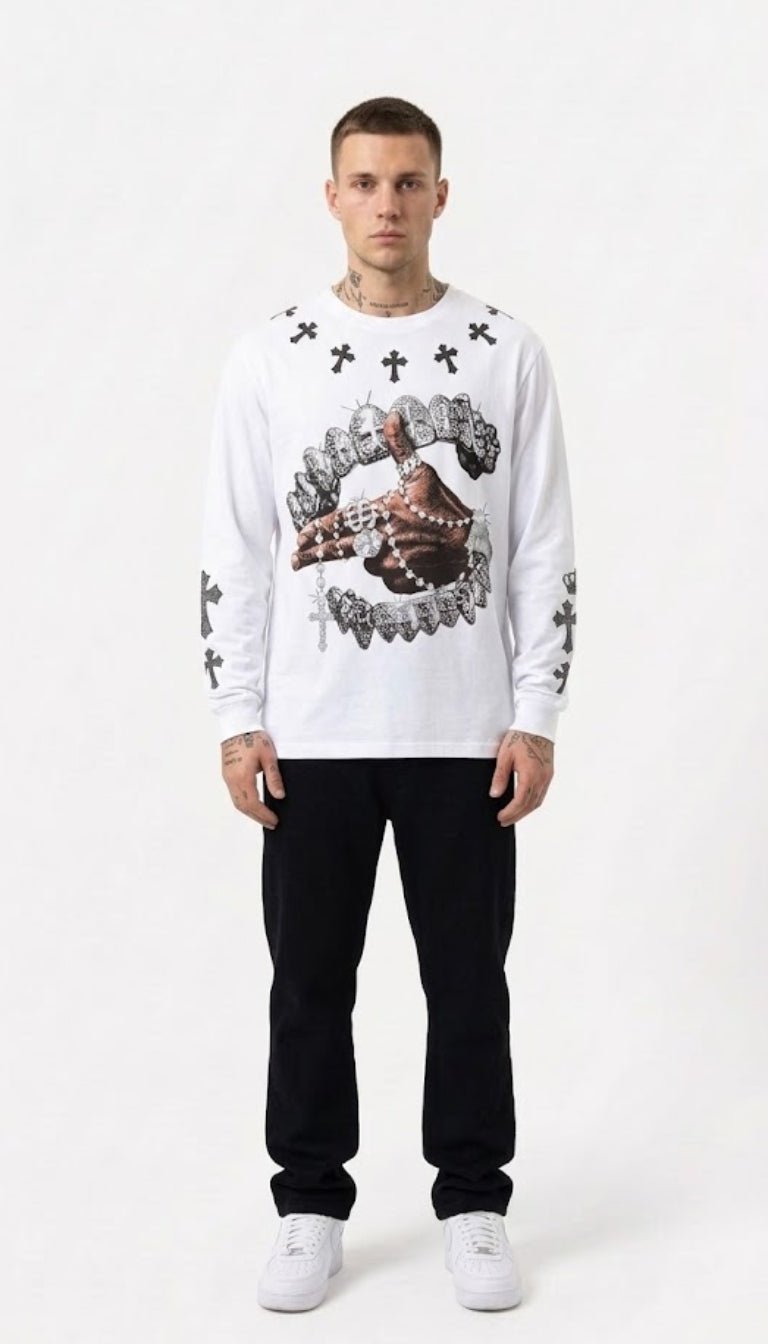 Longsleeve stampa grafica ingioiellata e croci gotiche.