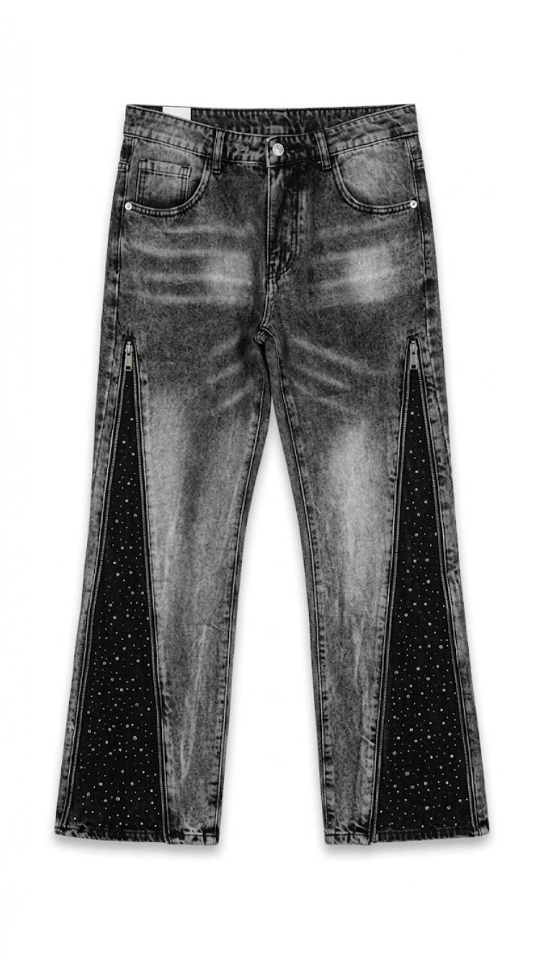 Jeans in Denim con Zip Laterali e Inserti Brillanti
