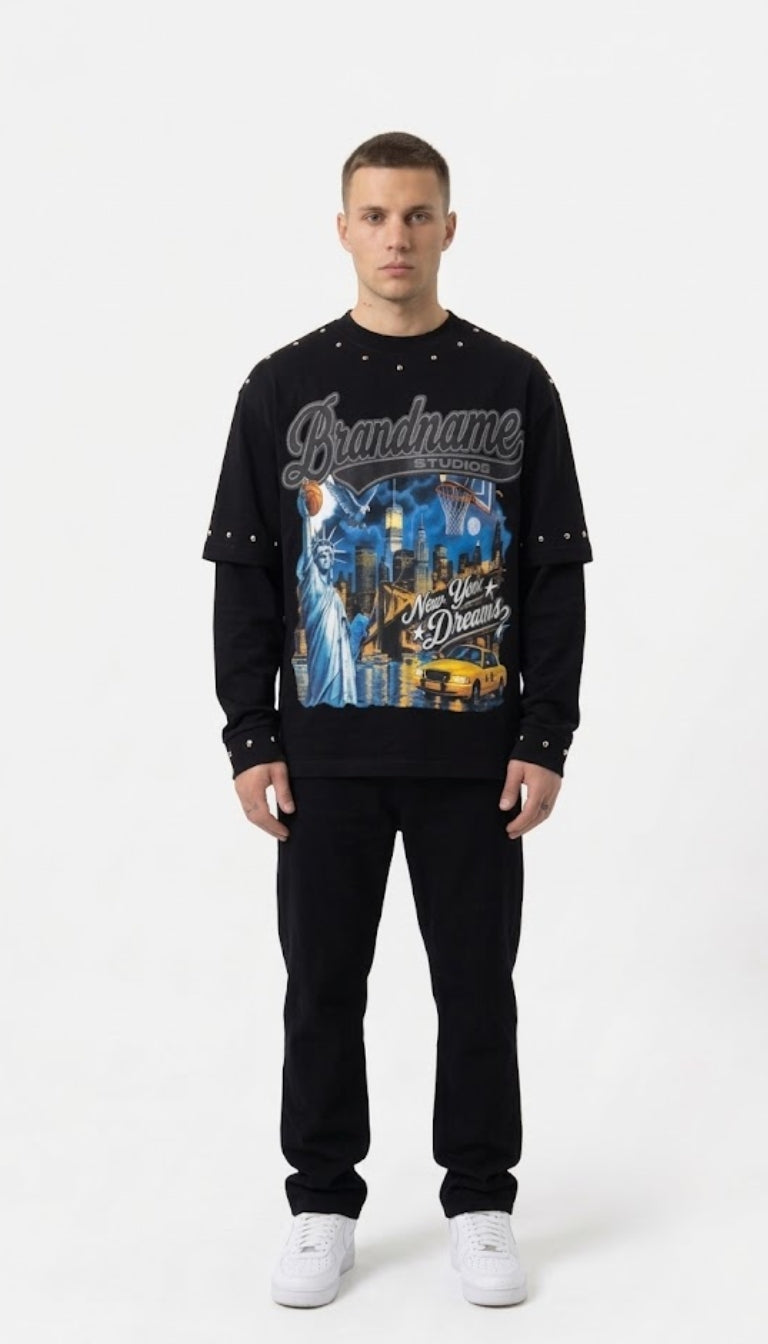 Longsleeve "New York Dreams" con Borchie Decorative