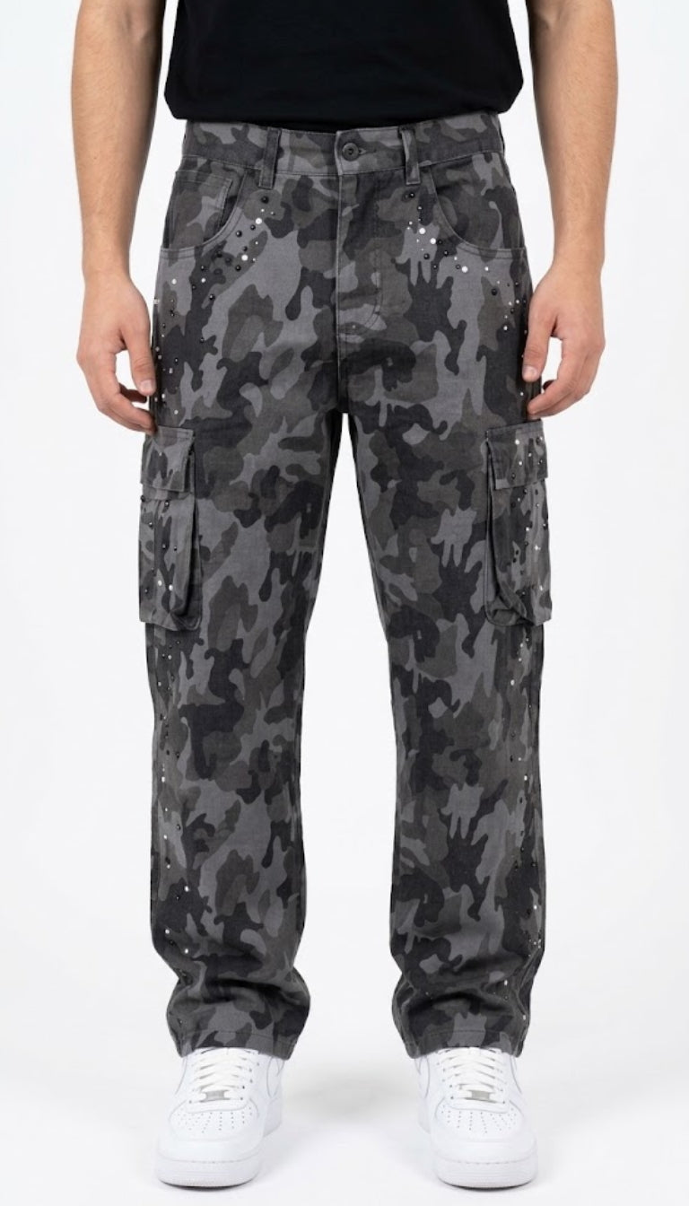 Pantaloni Cargo Mimetici con Strass