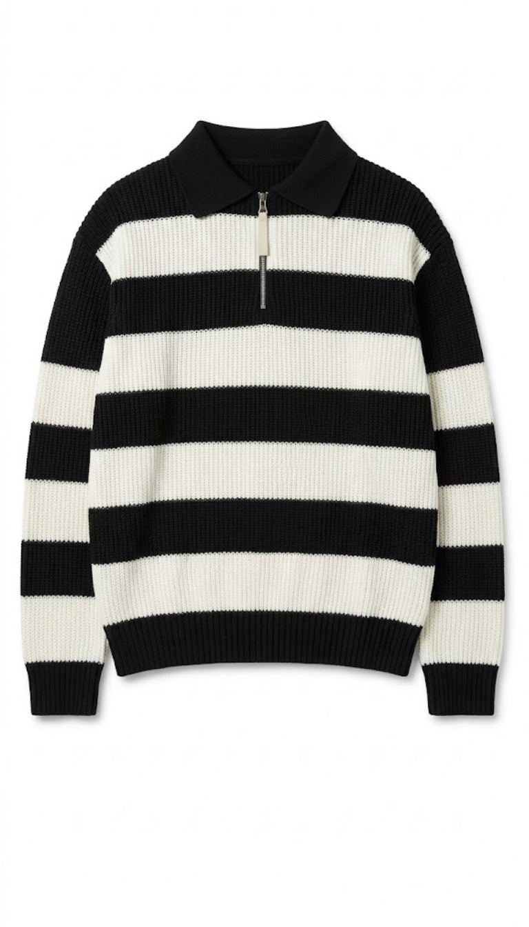 Maglione in maglia a righe orizzontali con colletto e mezza zip