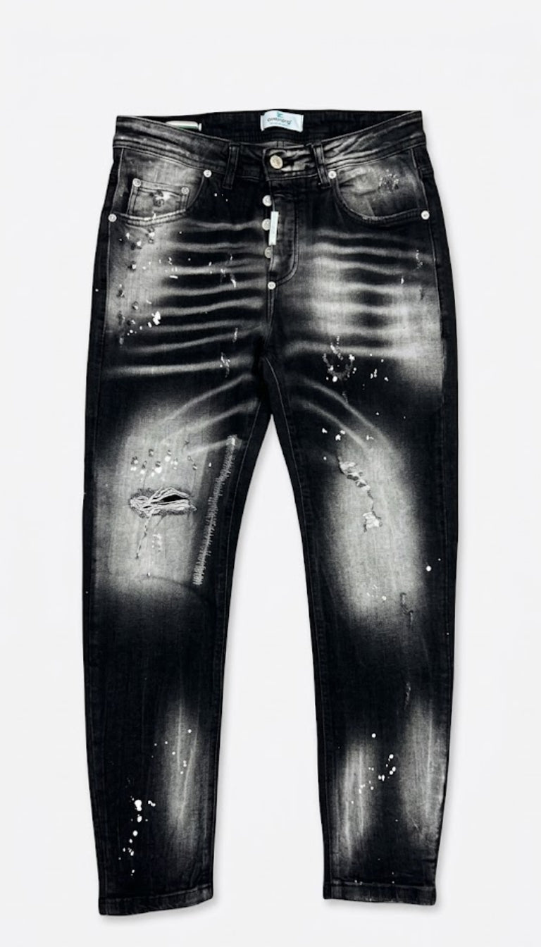 Jeans in Denim Effetto "Used" con Dettagli Distressed e Schizzi di Vernice