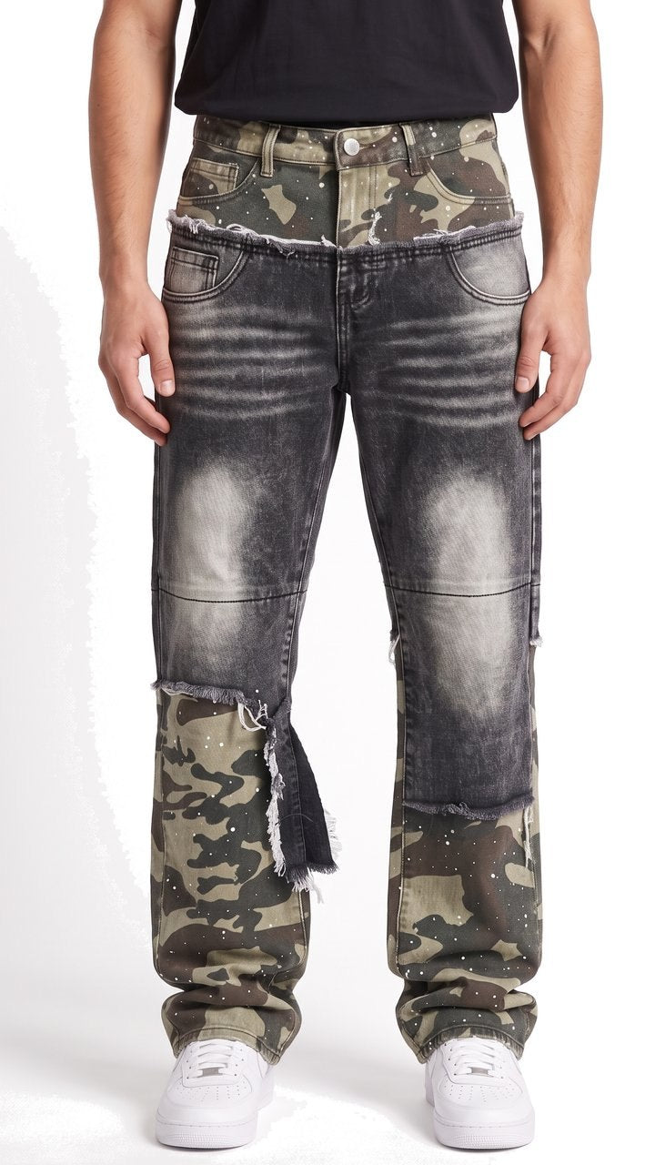Jeans Baggy Patchwork con Inserti Camouflage