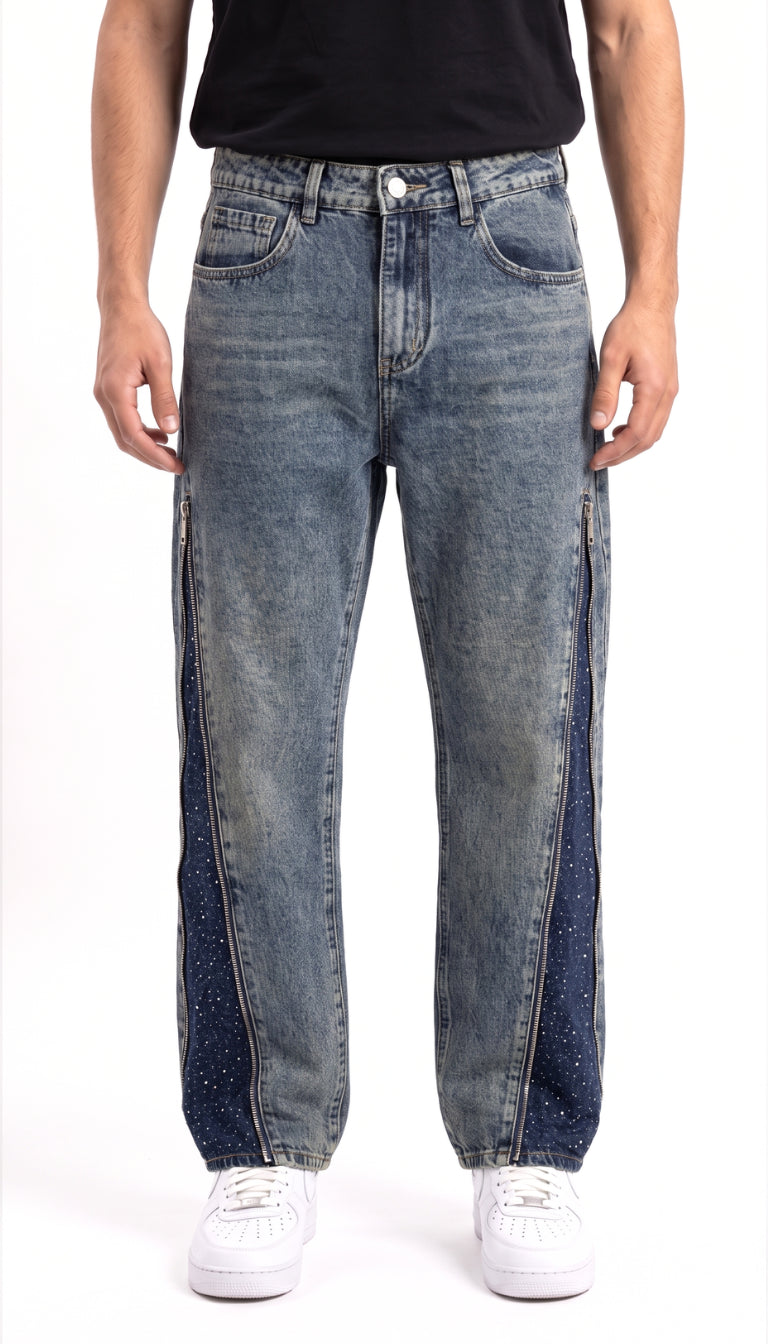Jeans Bambino Blu con Zip e Strass sul Fondo