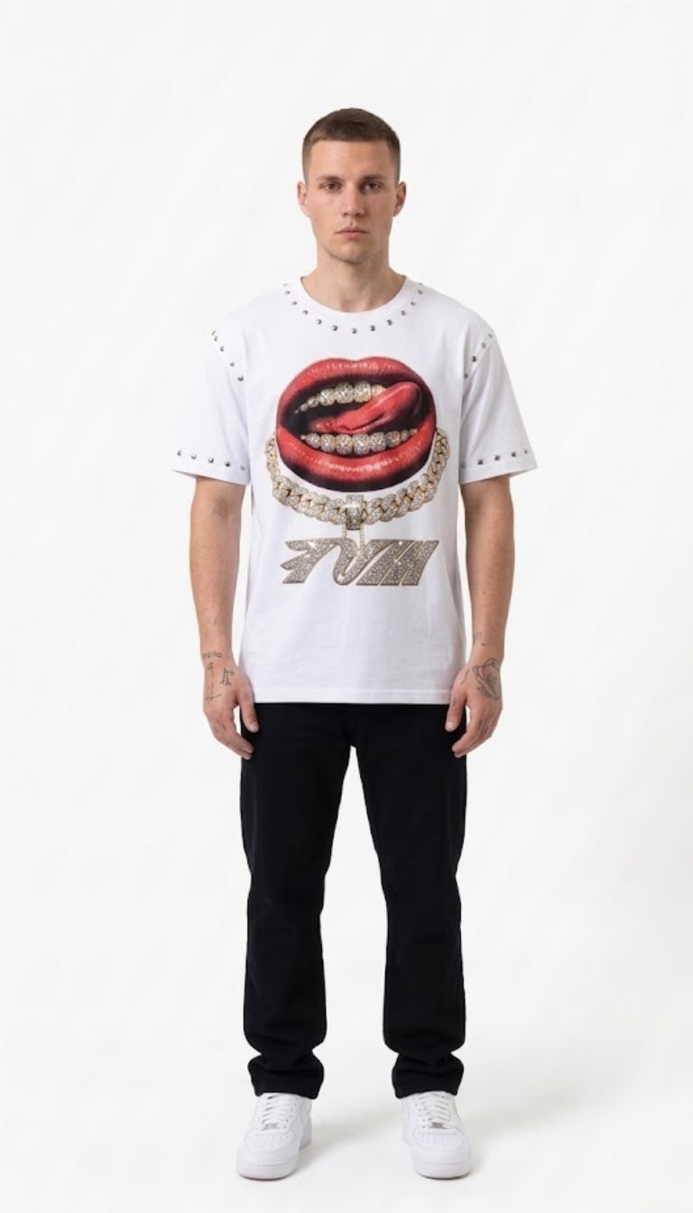 T-Shirt con Stampa "Bocca e Catena Gioiello"
