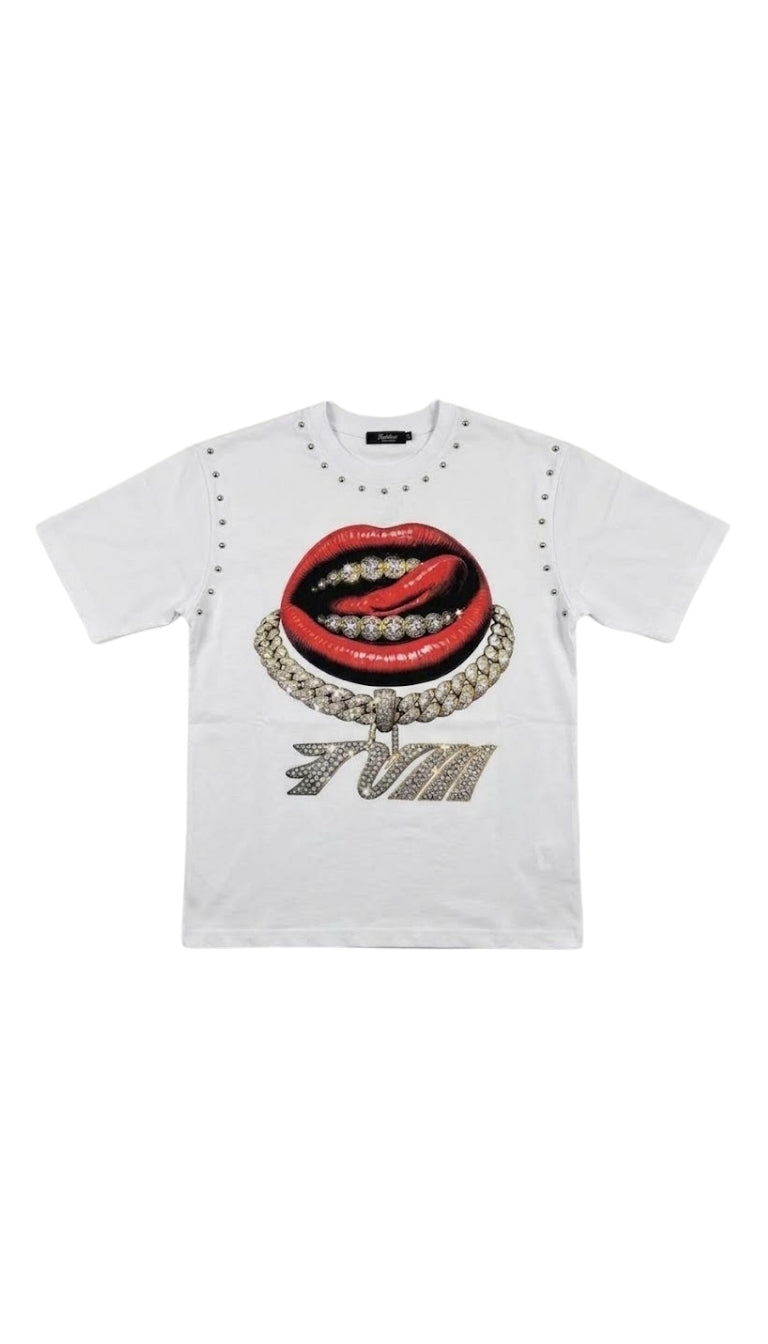 T-Shirt con Stampa "Bocca e Catena Gioiello"