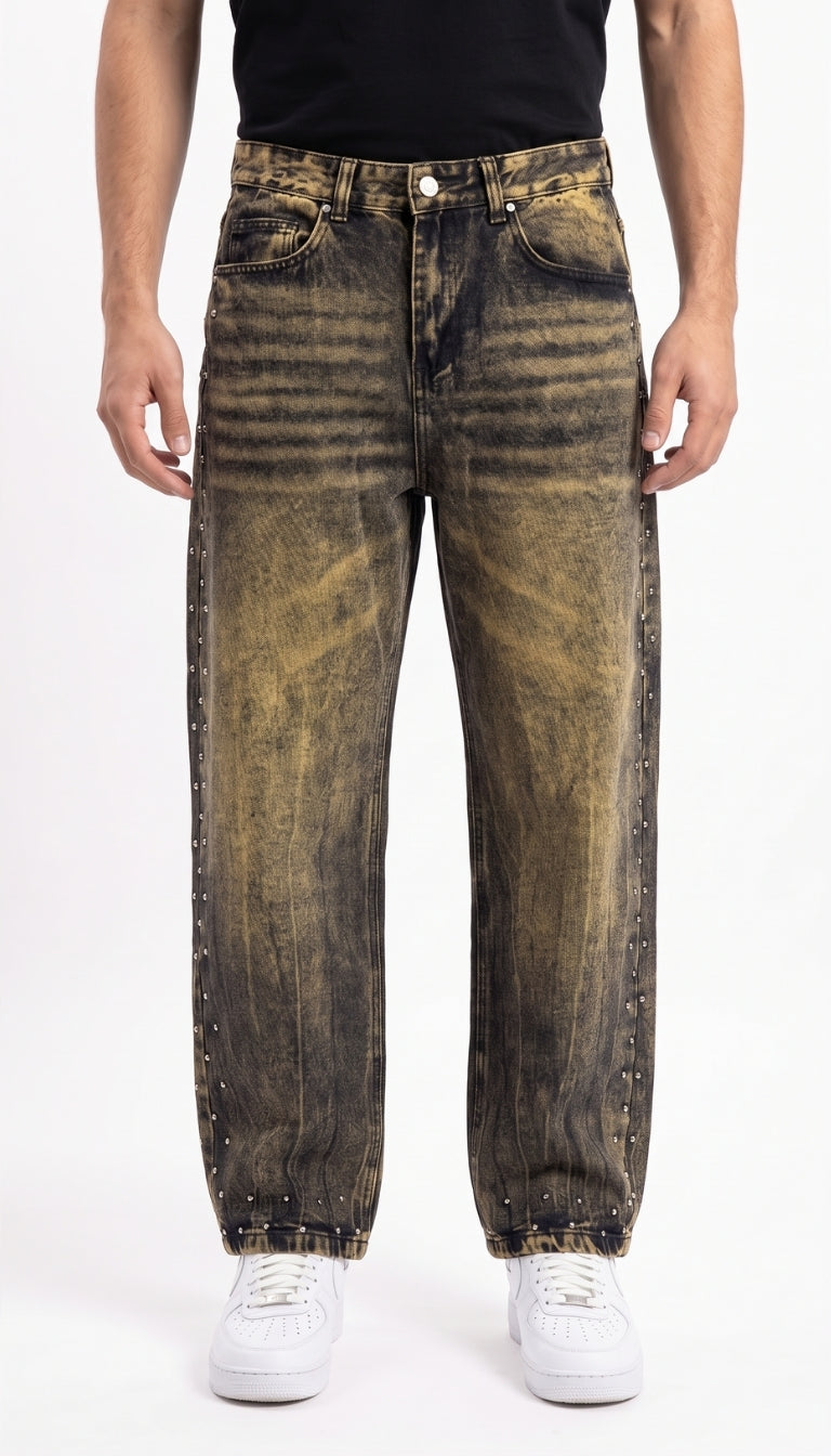 Jeans Dirty Wash Dorato con Micro Studs