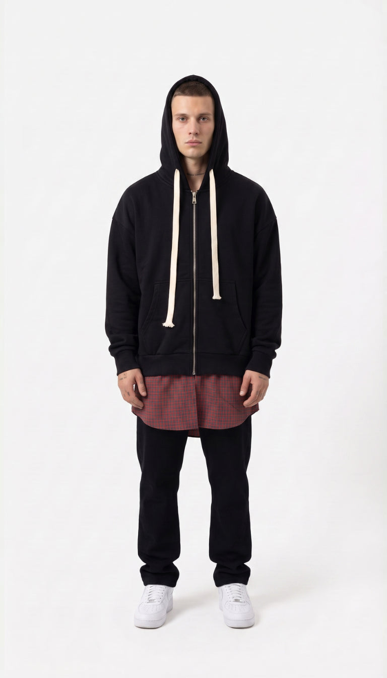 Felpa con Cappuccio Full-Zip e Fondo Camicia a Quadri