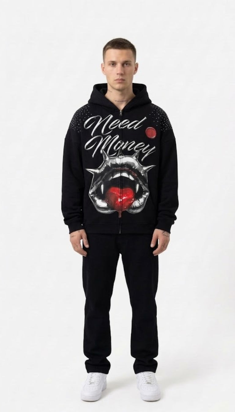 Felpa con Cappuccio e Zip "Need Money" con Strass