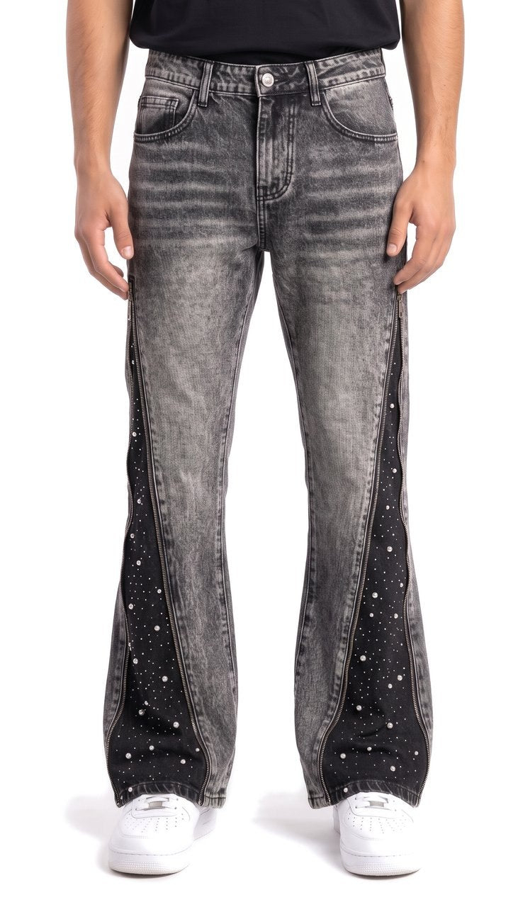 Jeans Flare con Zip e Inserti Strass Black