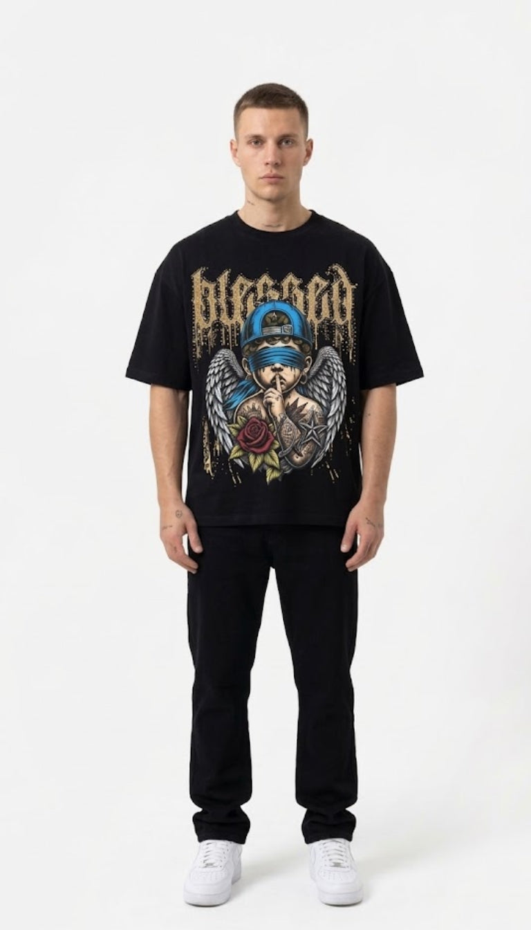 T-shirt a Maniche Corte con Stampa "Blessed"