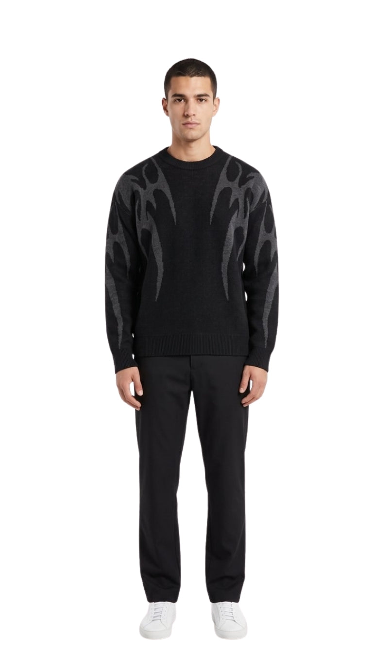Maglione Girocollo Regular con Motivo Tribale Bicolore