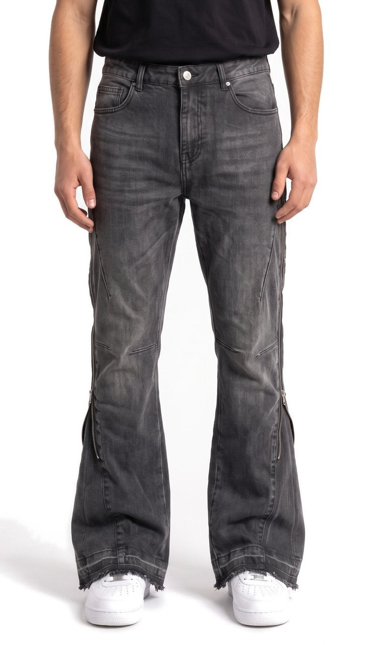 Jeans Flare Lavati con Zip Laterali