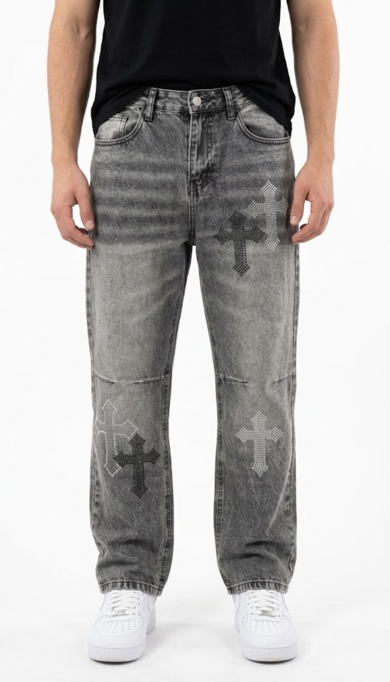 Jeans Baggy con Croci in Strass