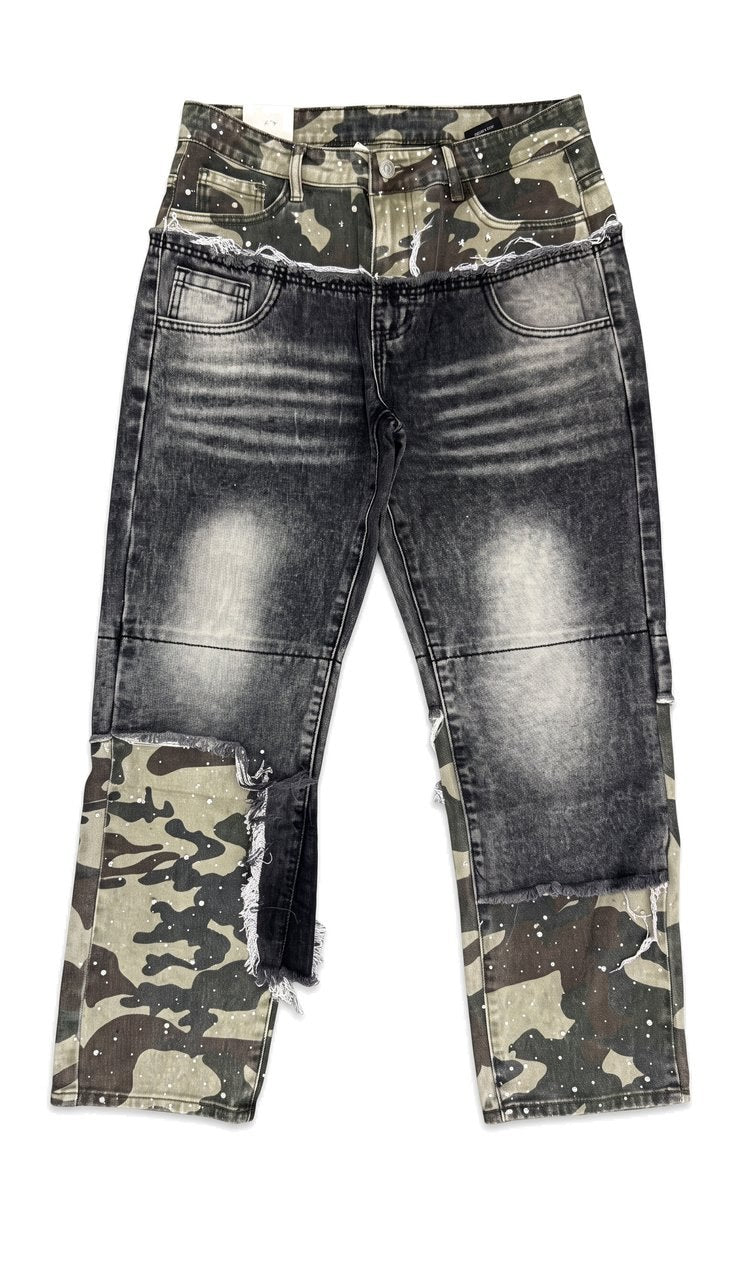 Jeans Baggy Patchwork con Inserti Camouflage
