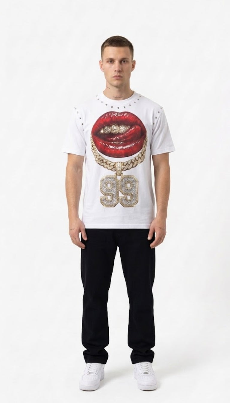 T-shirt con Stampa "Bocca e Catena 99"