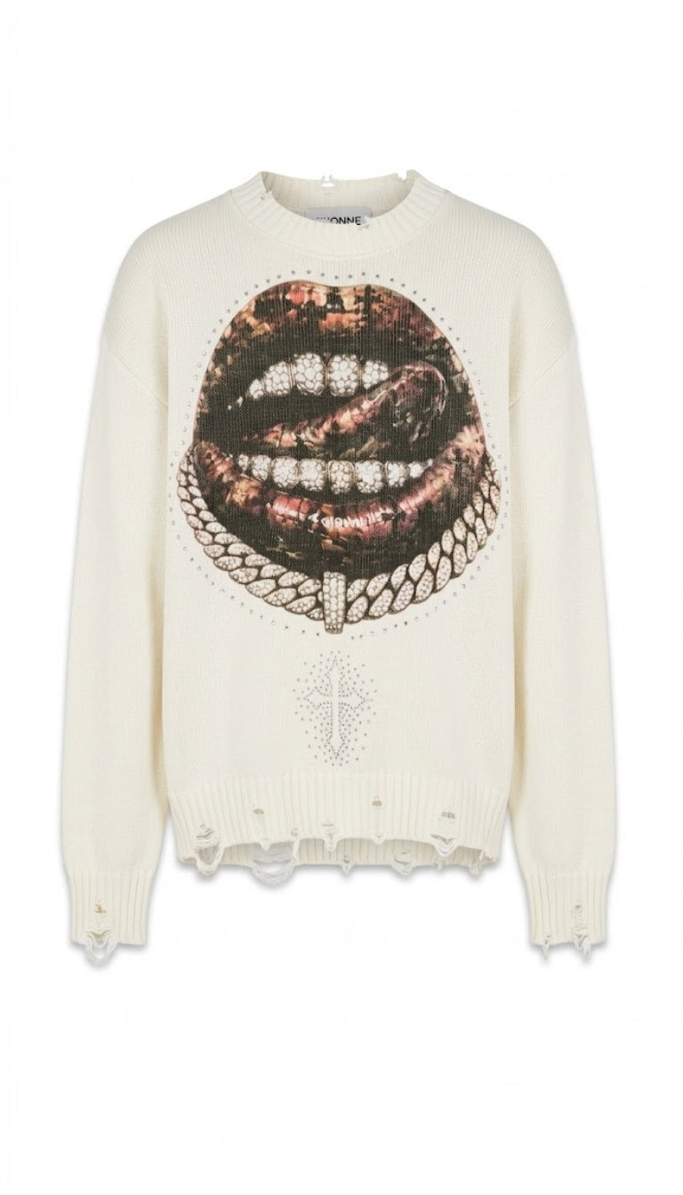 Maglione girocollo effetto invecchiato con stampa grafica