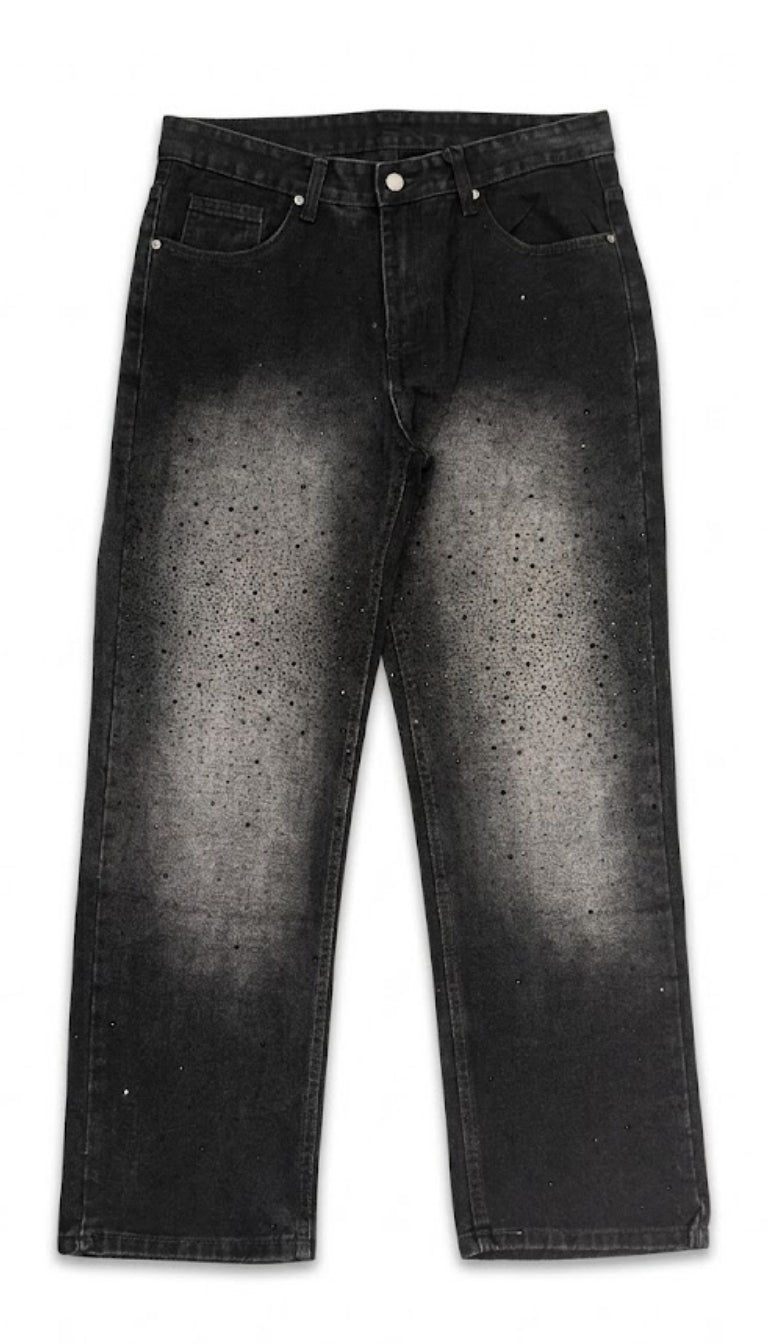 Jeans Nero a Gamba Dritta con Lavaggio Centrale e Cristalli