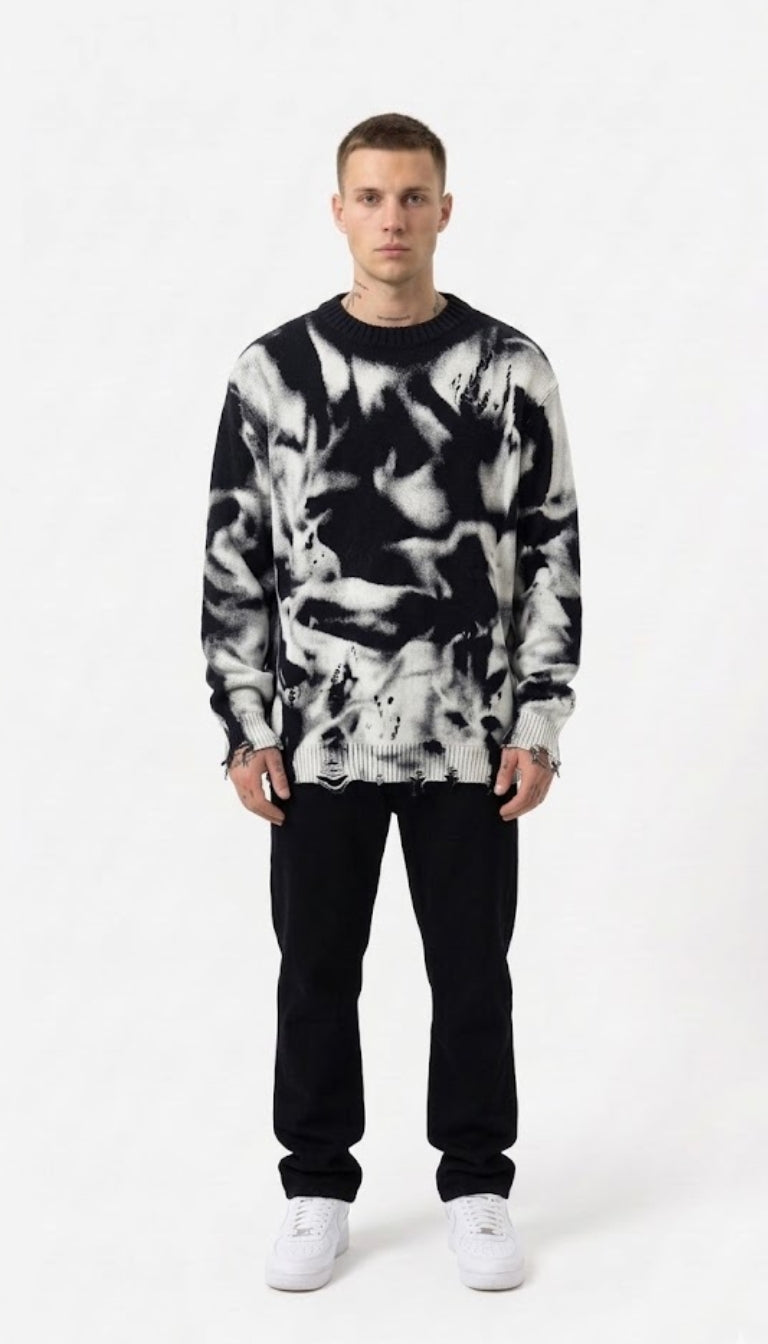 Maglione in maglia con motivo astratto e dettagli effetto usurato