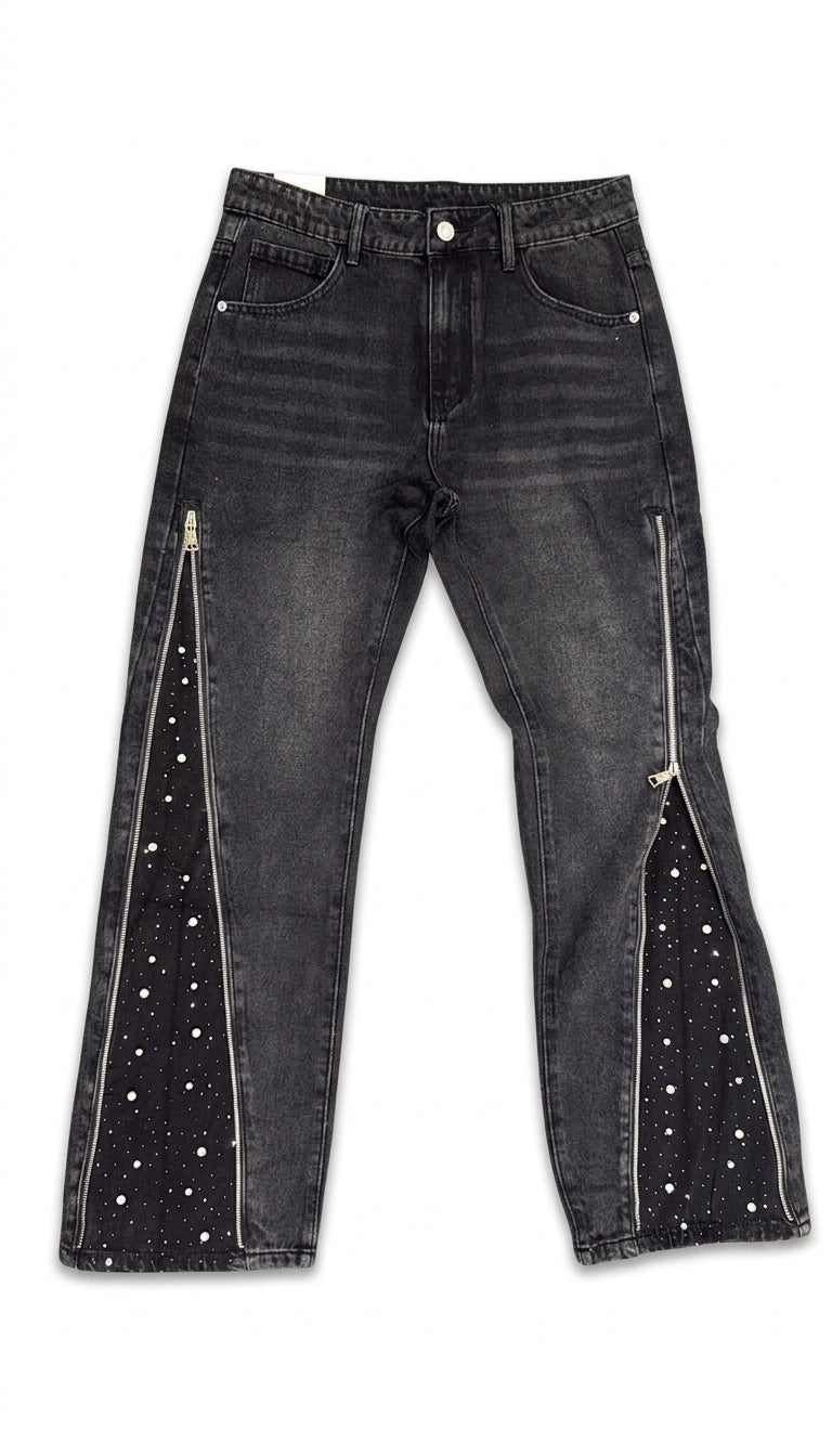 Jeans Neri con Zip Apribili e Inserti Strass