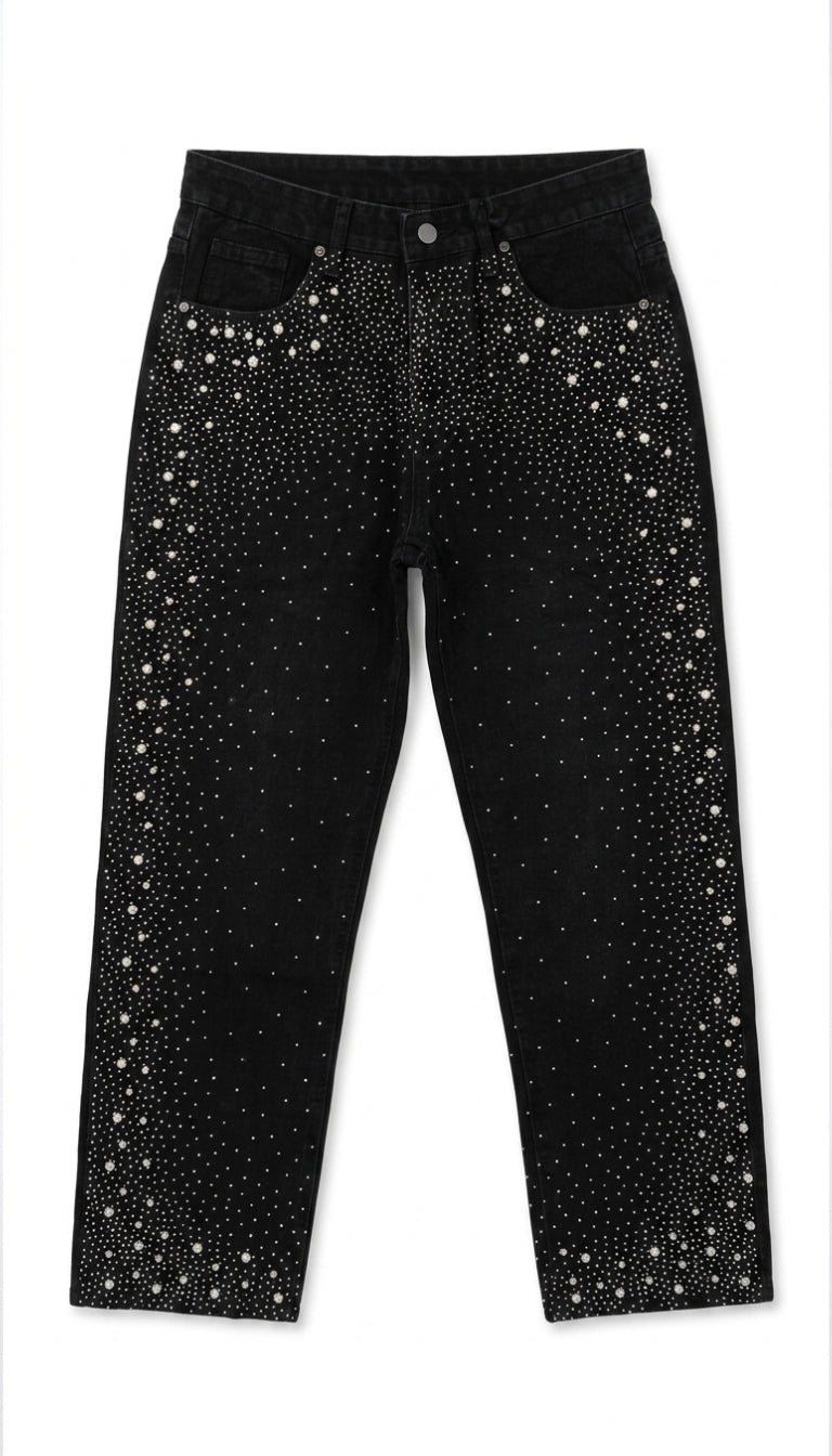 Jeans Neri con Strass All-Over