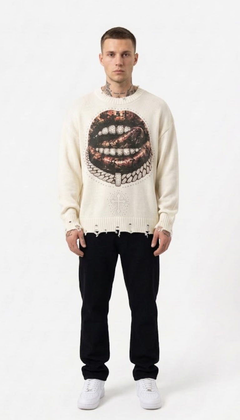 Maglione girocollo effetto invecchiato con stampa grafica