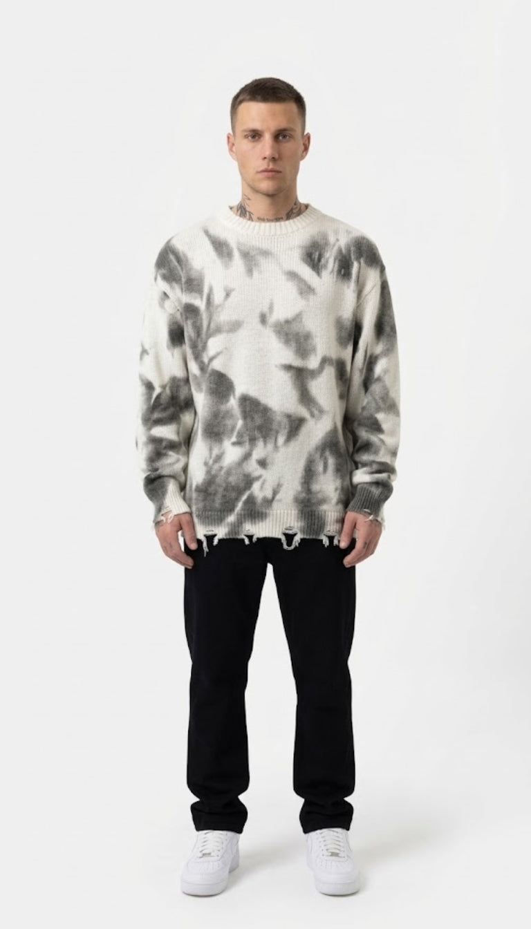 Maglione in maglia con motivo astratto e dettagli effetto usurato