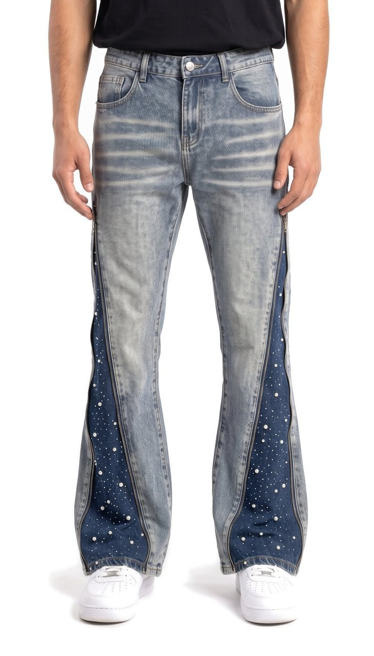 Jeans Flare con Zip e Inserti Strass Blu