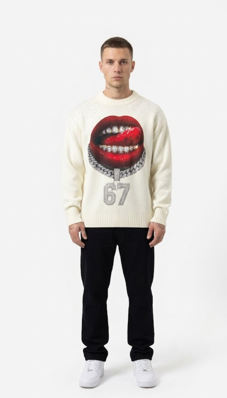 Maglione Girocollo con Grafica "Grillz e Catena 67" e Strass