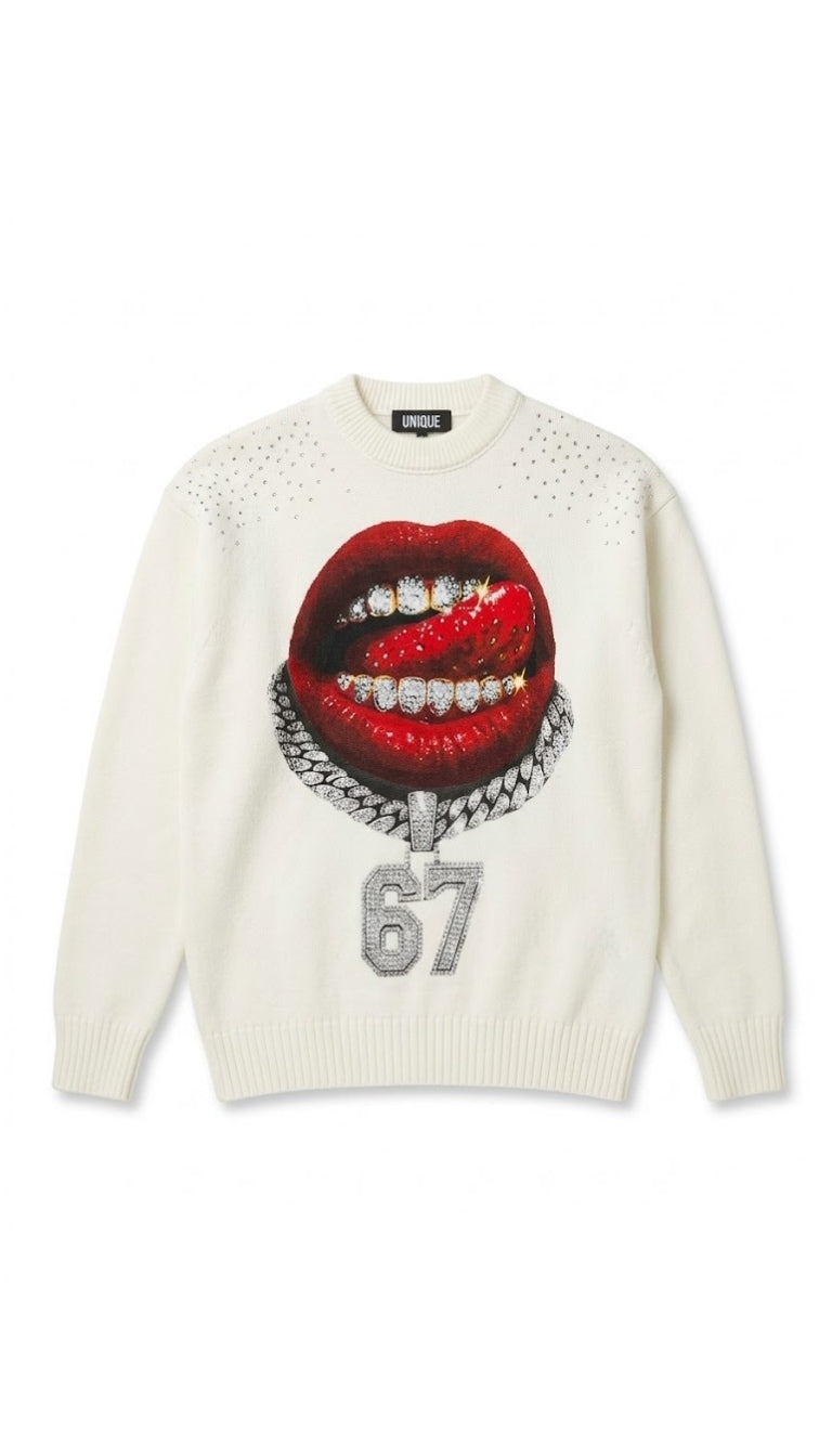 Maglione Girocollo con Grafica "Grillz e Catena 67" e Strass