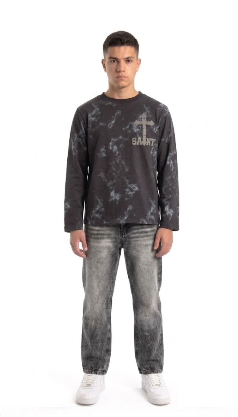 Longsleeve con Pattern Marmorizzato e Grafica "SAINT"