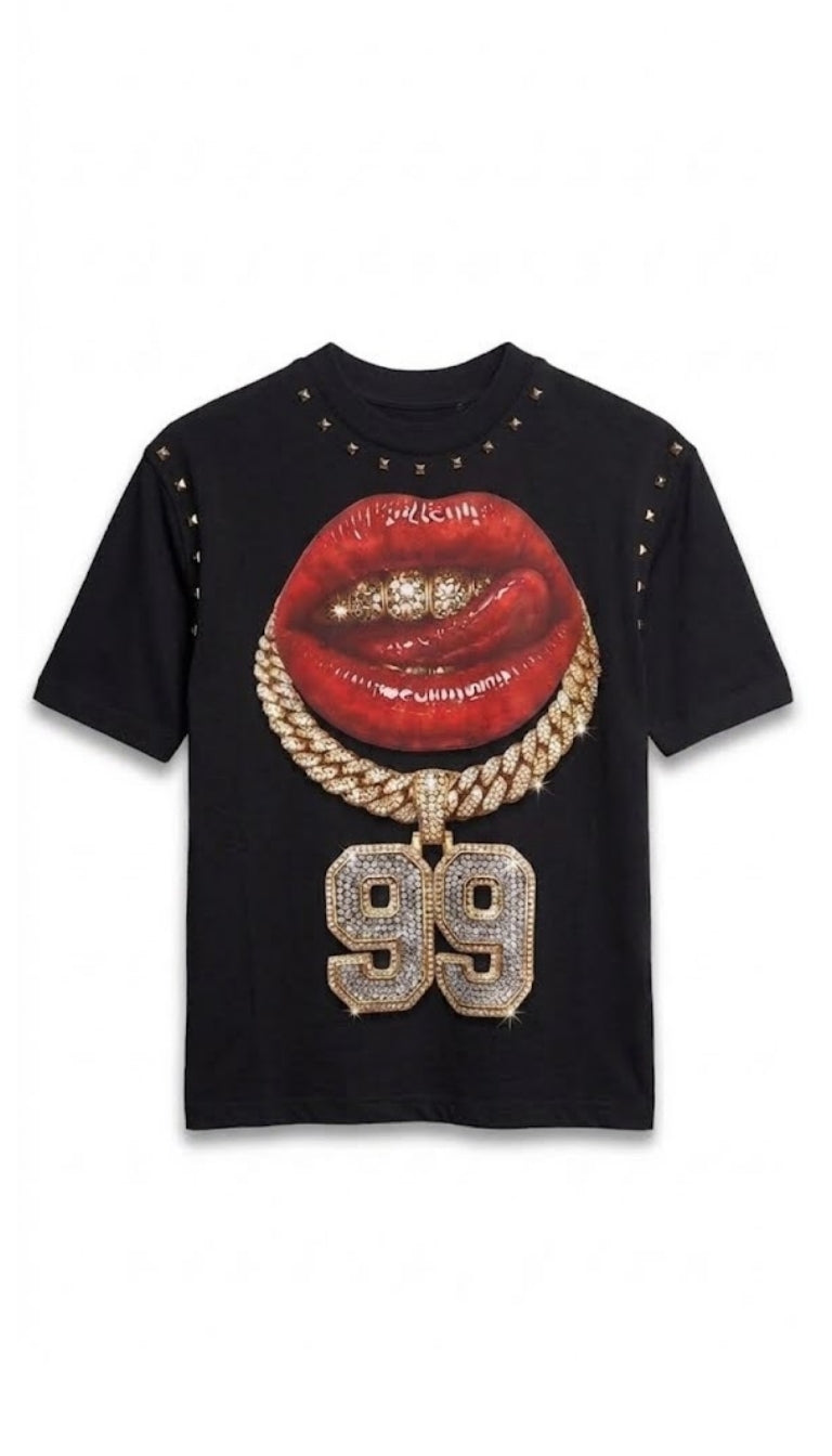 T-shirt con Stampa "Bocca e Catena 99"