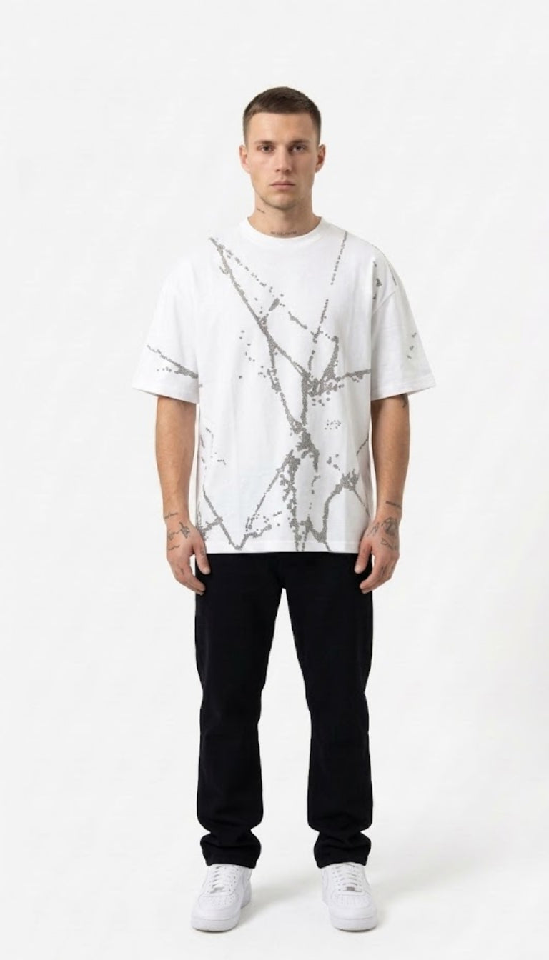 T-Shirt Oversize con Motivo Astratto Frammentato