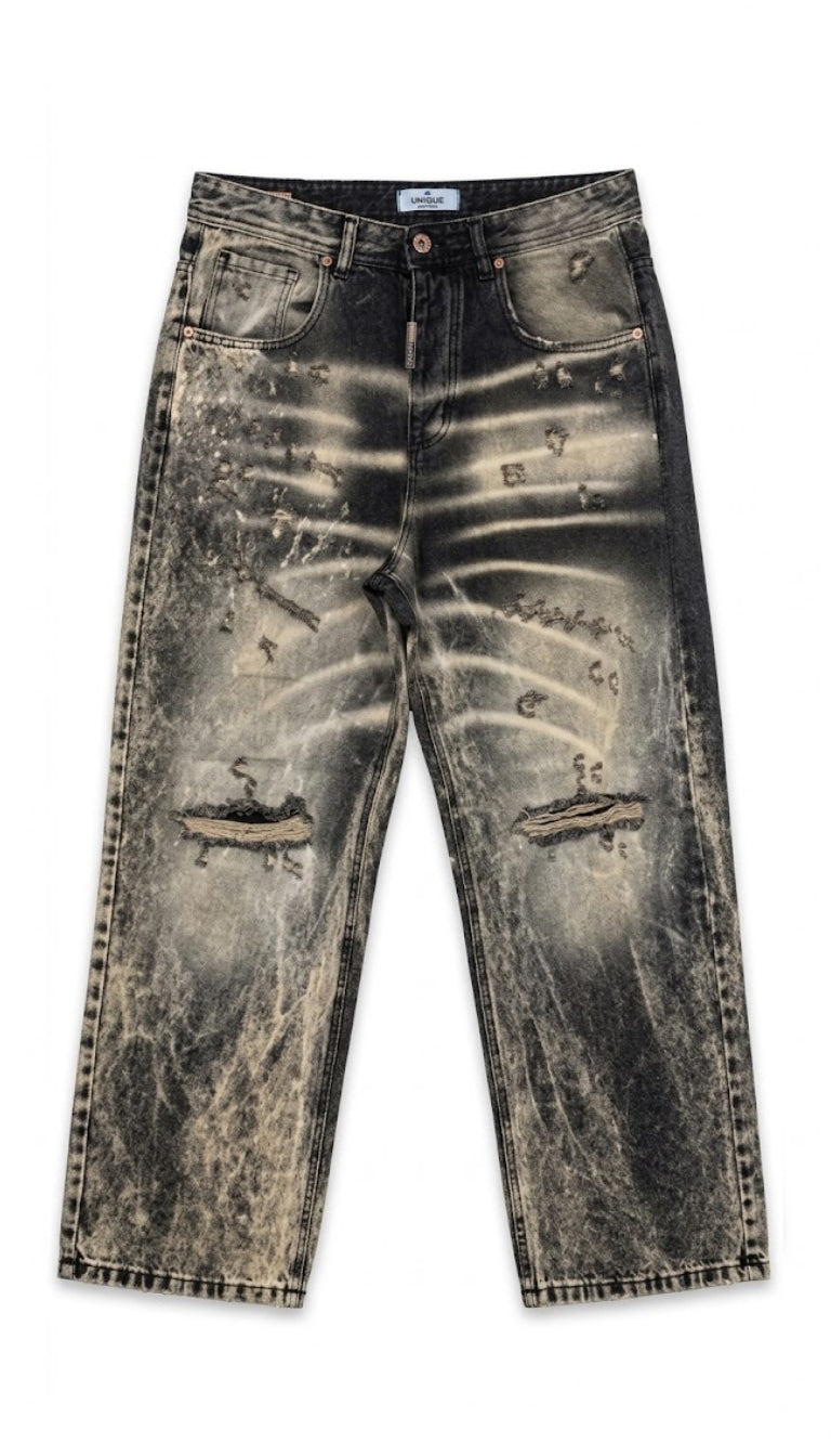 Jeans Denim Baggy con Strappi e Lavaggio Vintage