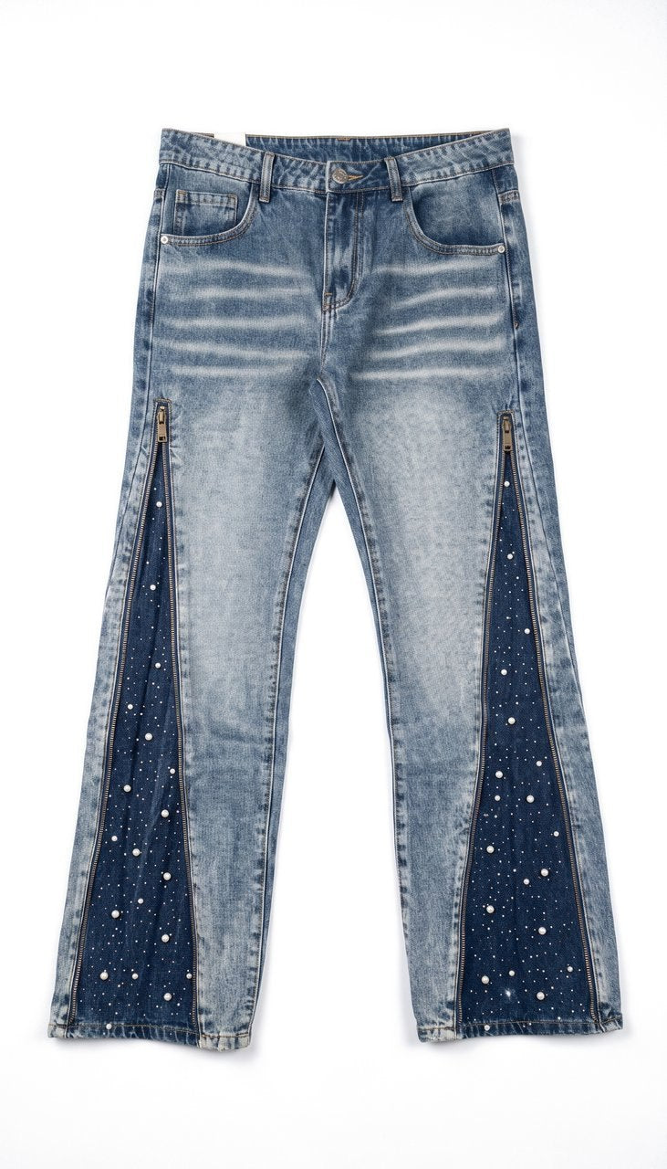 Jeans Flare con Zip e Inserti Strass Blu