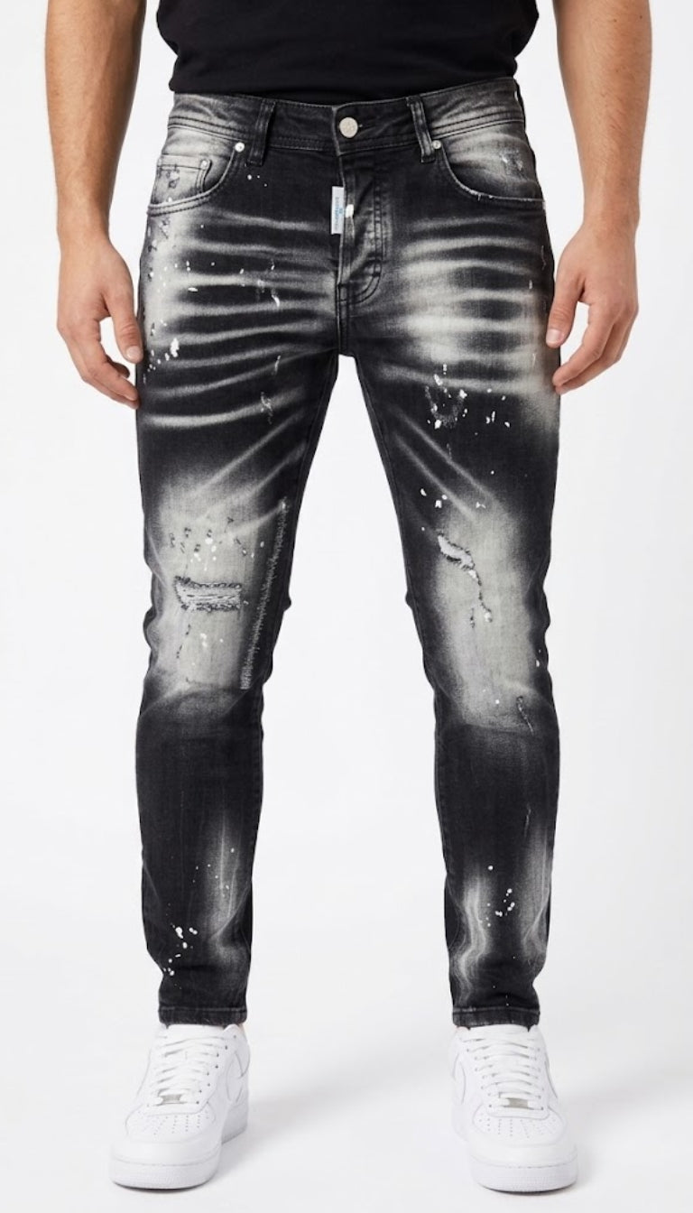 Jeans in Denim Effetto "Used" con Dettagli Distressed e Schizzi di Vernice